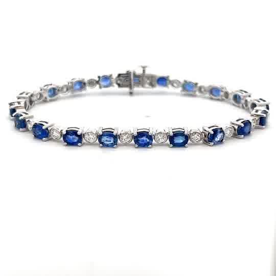 Vardy's Collection Round Diamond and Oval Blue Sapphire Tennis Bracelet in 14K White Gold (10.74ct)