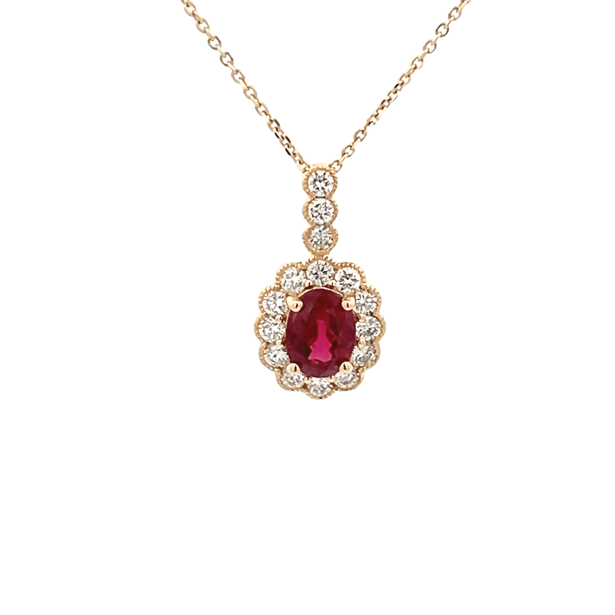 Vardy's Collection Round Diamond and Oval Ruby Halo Pendant Necklace in 14K Yellow Gold (2.04ct)