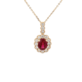 Vardy's Collection Round Diamond and Oval Ruby Halo Pendant Necklace in 14K Yellow Gold (2.04ct)