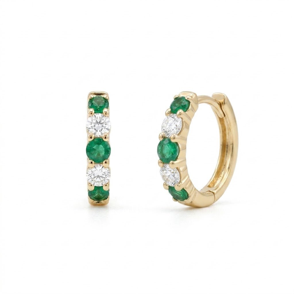 Vardy's Collection Round Diamond and Round Emerald Huggie Earrings in 14K Yellow Gold (0.14ctw)