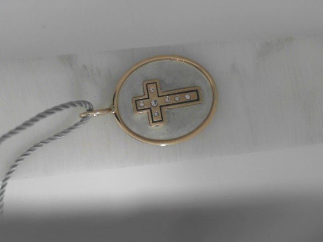 Vardy's Collection Round Diamond Two - Tone Brushed Cross Pendant in 14K White and Yellow Gold