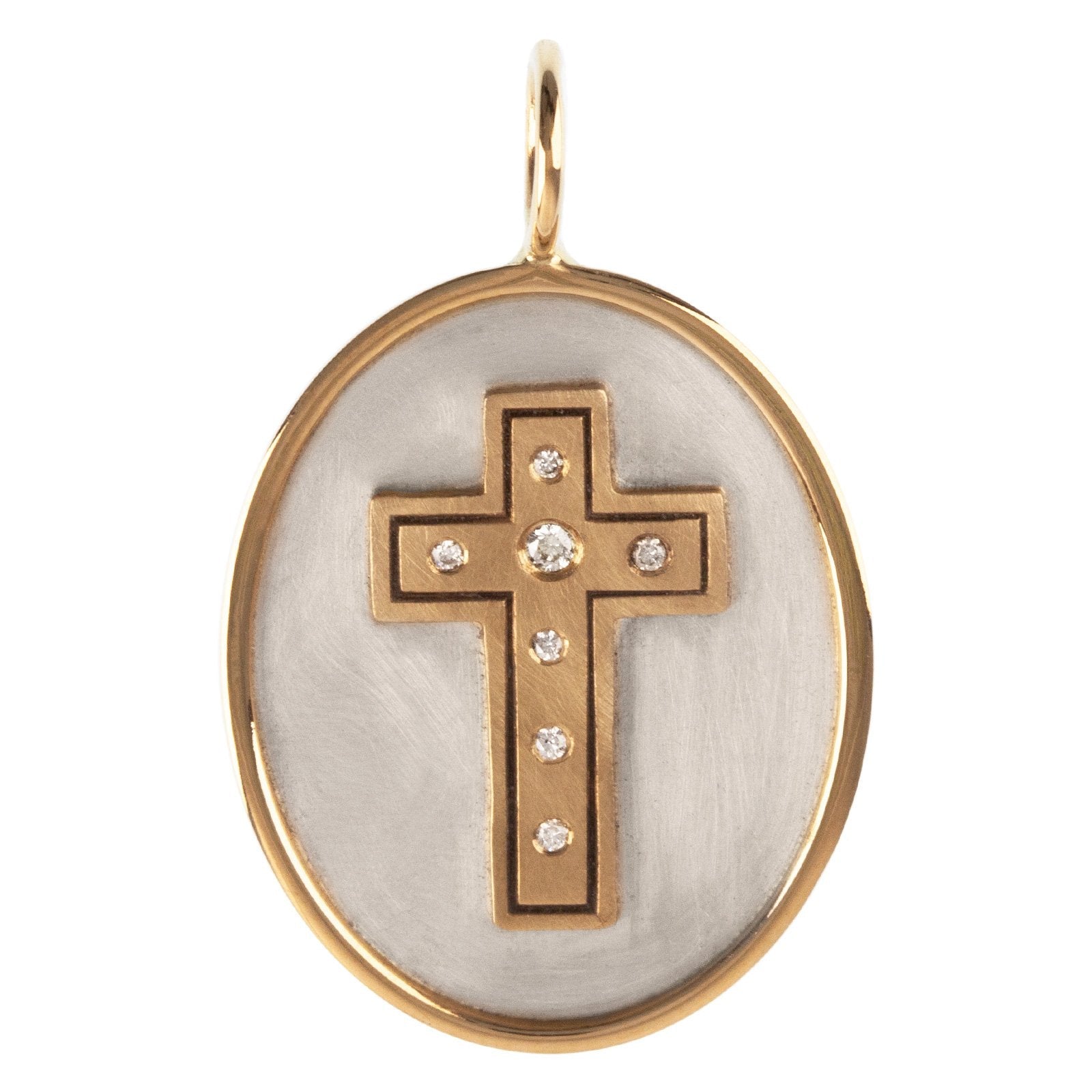 Vardy's Collection Round Diamond Two - Tone Brushed Cross Pendant in 14K White and Yellow Gold