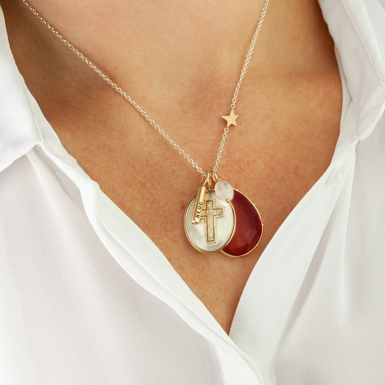 Vardy's Collection Round Diamond Two - Tone Brushed Cross Pendant in 14K White and Yellow Gold