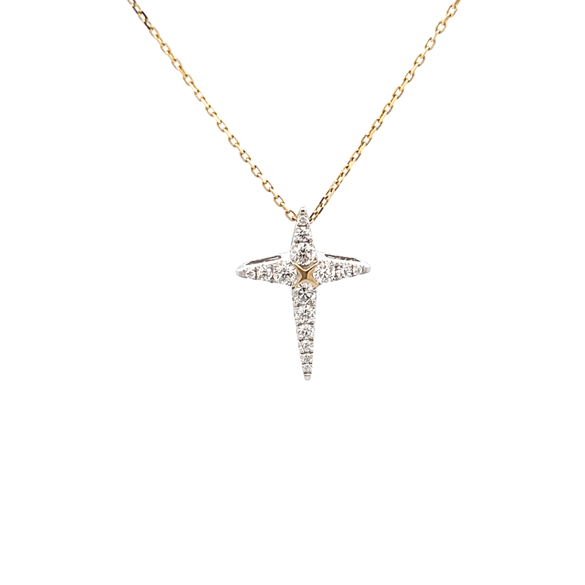 Vardy's Collection Round Diamond Two Tone Cross Pendant Necklace in 14K Yellow and White Gold (0.38ctw)