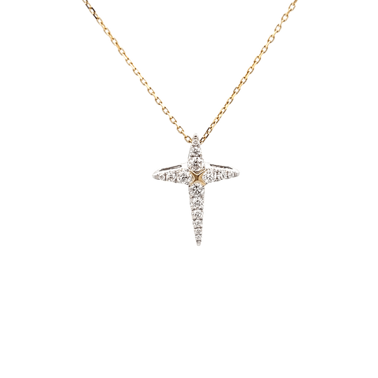 Vardy's Collection Round Diamond Two Tone Cross Pendant Necklace in 14K Yellow and White Gold (0.38ctw)
