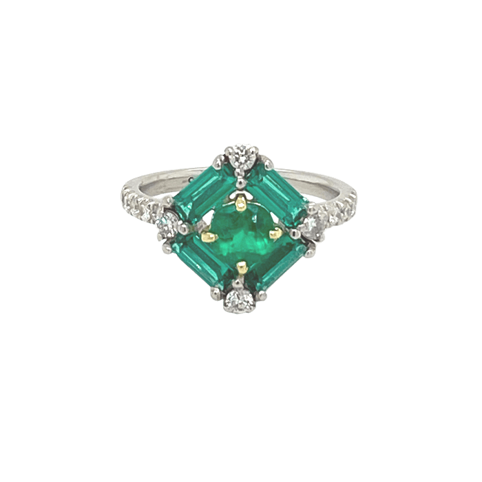 Vardy's Collection Round Emerald and Baguette Emerald Cluster Fashion Ring in 18K White and Yellow Gold (1.82tw)