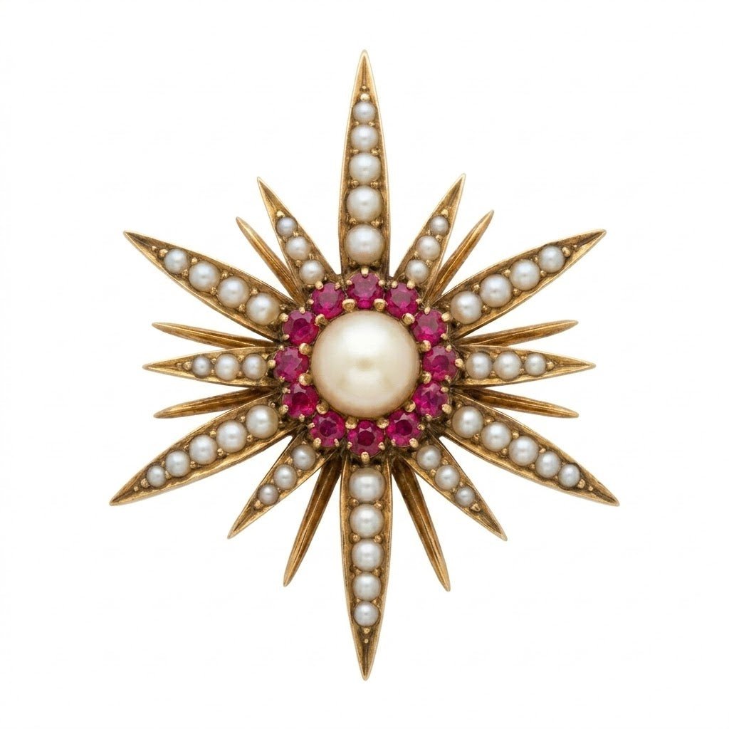Vardy's Collection Round Ruby and Pearl Pin in 14K Yellow Gold