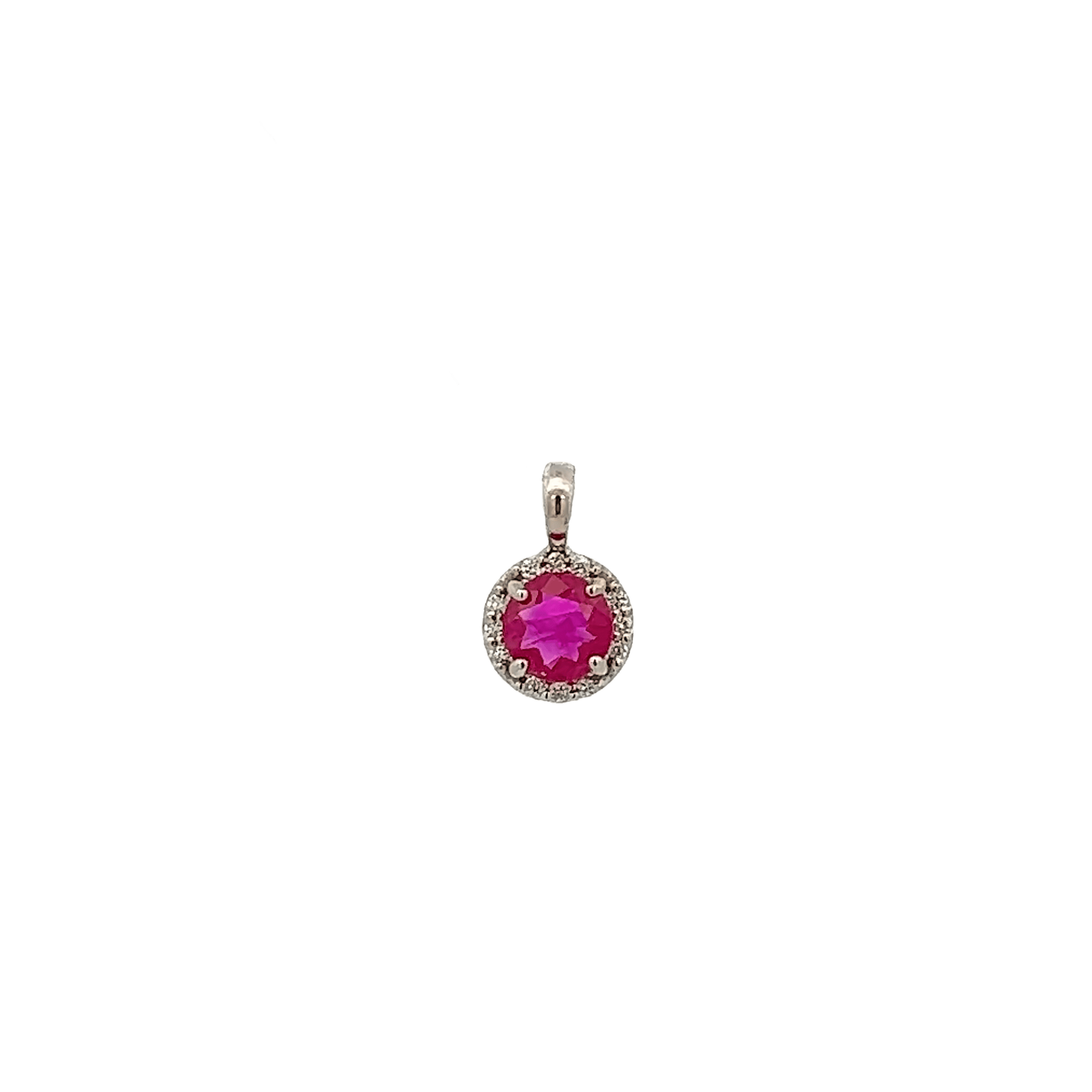Vardy's Collection Round Ruby and Round Diamond Halo Pendant in 14K White Gold (0.86ct)