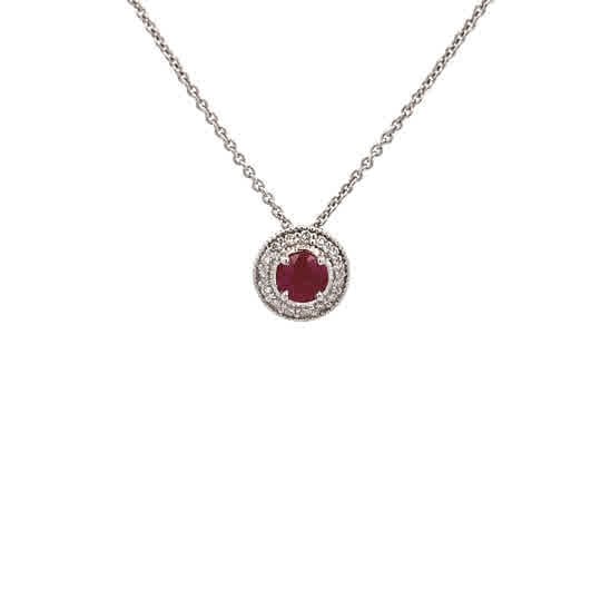 Vardy's Collection Round Ruby Halo Pendant in 14K White Gold (0.63ct)