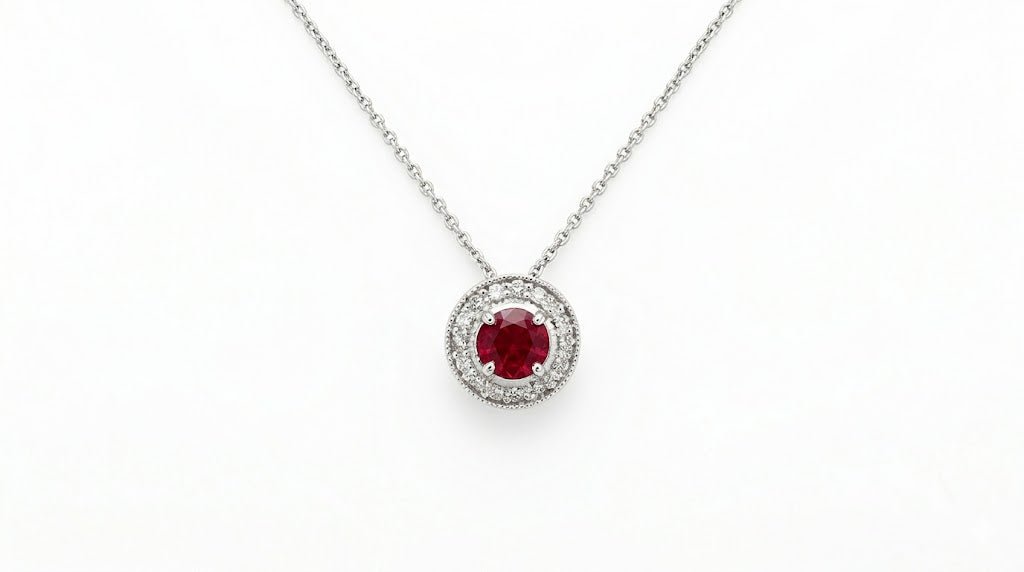 Vardy's Collection Round Ruby Halo Pendant in 14K White Gold (0.63ct)