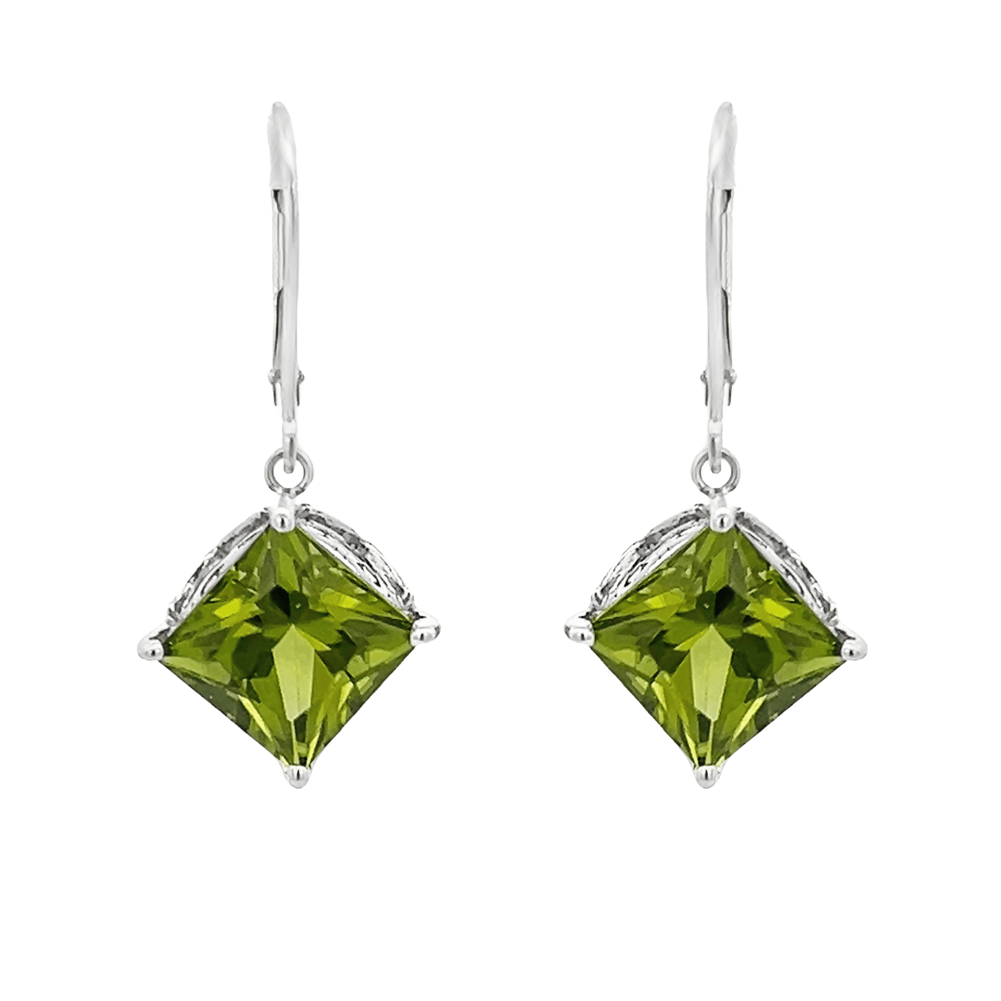 Vardy's Collection Square Cushion Peridot Drop Earrings in 14K White Gold (8.45ctw)