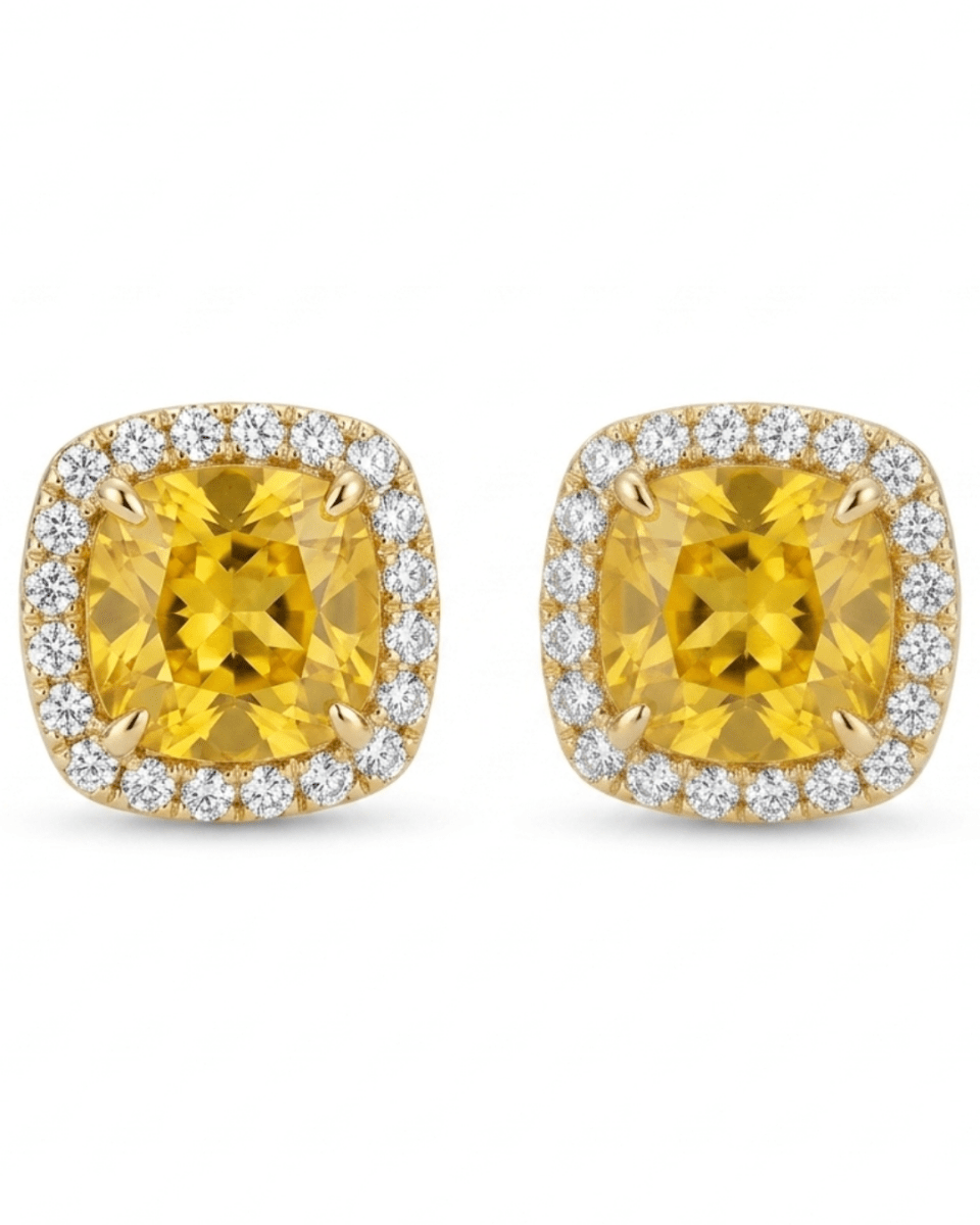 Yellow Beryl & Diamond Halo Earrings in Yellow Gold (210-01519)