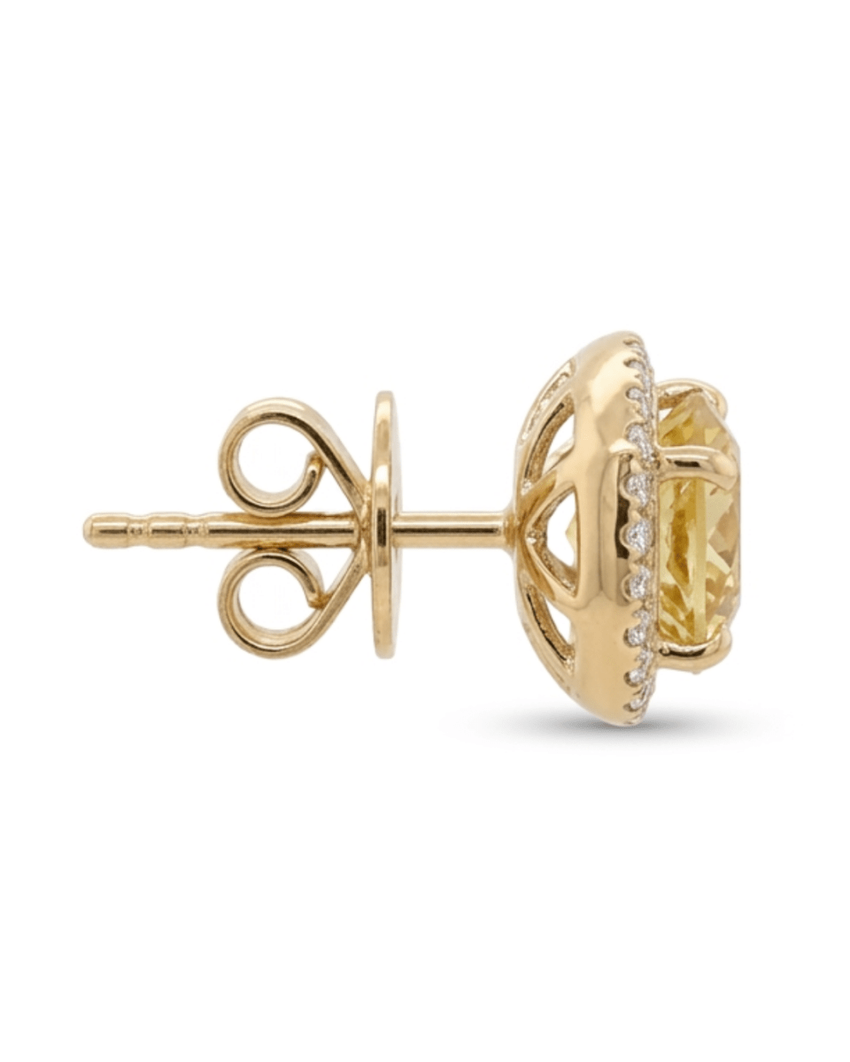 Yellow Beryl & Diamond Halo Earrings in Yellow Gold (210-01519)