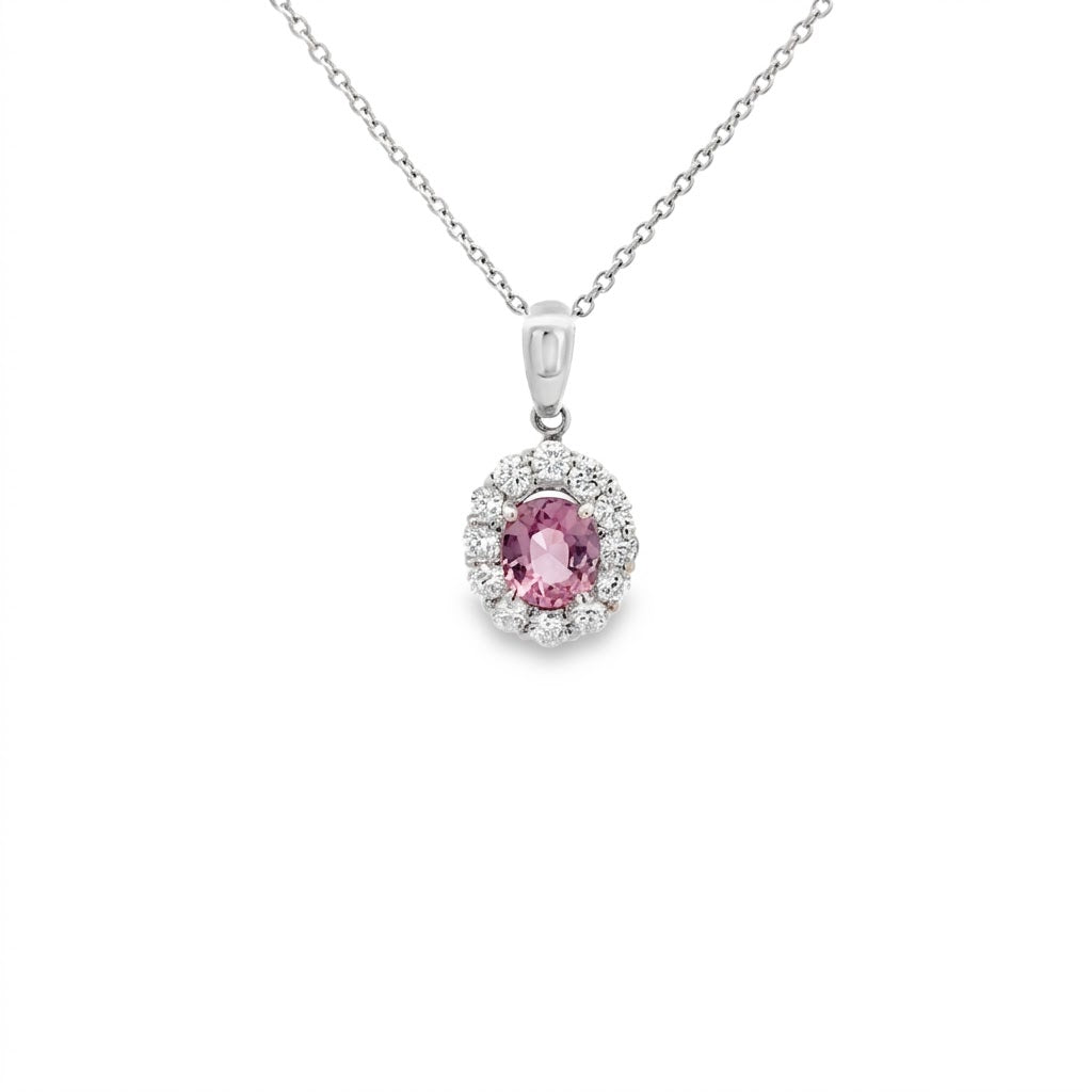 Halo Setting Pendant Pink Spinel and Diamonds in white gold (230-01300) - Vardy's Jewelers - Cupertino CA