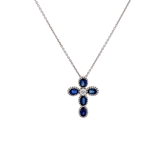 Vardy's Collection Oval Sapphire and Round Diamond Cable Link Pendant Necklace in 14K White Gold (1.16ct) - My Store