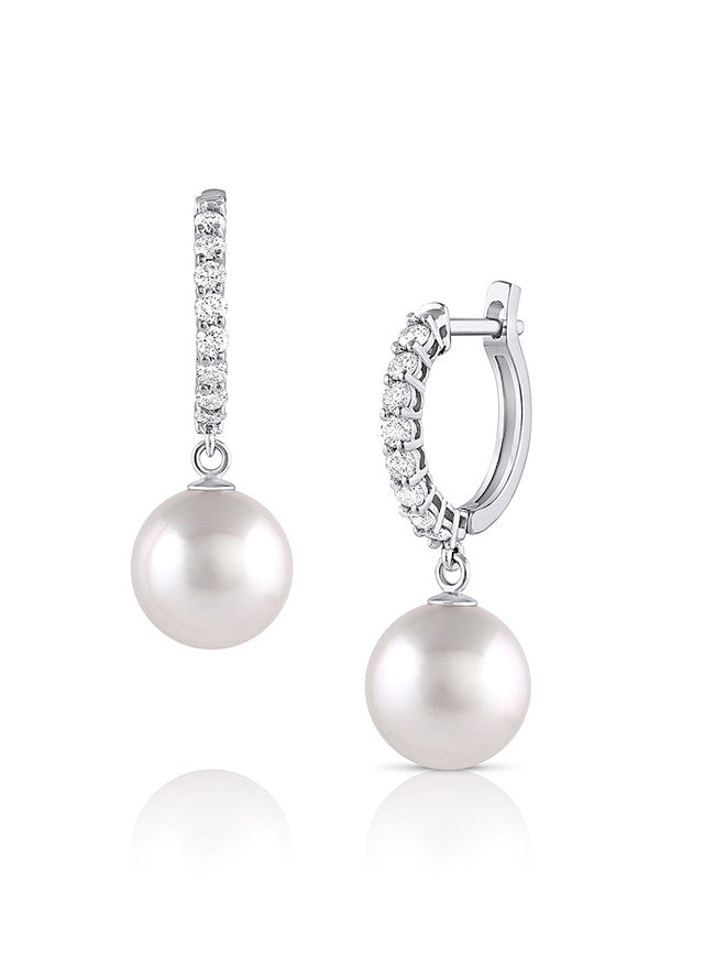 Diamond Hoops with a Cultured Pearl Drop