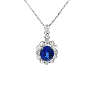 Vardy's Collection Round Diamond and Oval Blue Sapphire Halo Pendant Necklace in 14K White Gold (4ct) - My Store