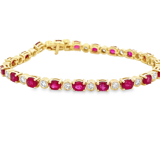 Oval Ruby and Round Diamond Tennis Bracelet in 14k Yellow Gold (240-00196) - My Store