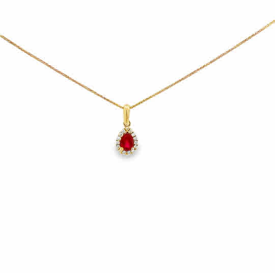 Ruby & Diamond Halo Pendant in Yellow Gold (230-01396) - Vardy's Jewelers - Cupertino CA
