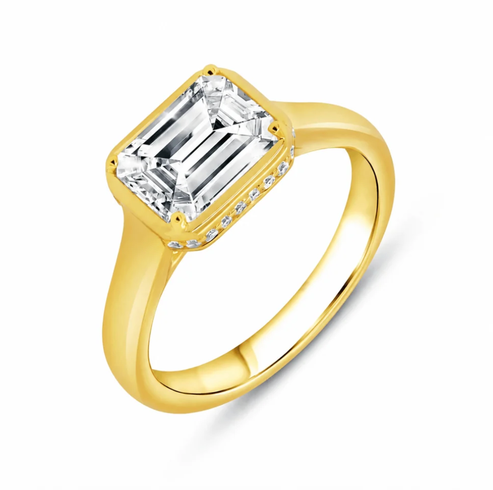 Emerald-Cut East-West Bezel Engagement Ring Setting with Hidden Halo in 14k Yellow Gold (100-00673)