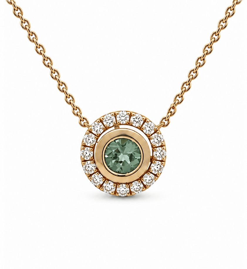 Bezel Set Alexandrite Pendant with a Diamond Halo in Yellow gold (230-01377)