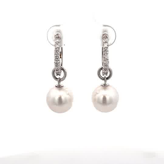 Diamond Hoops with a Cultured Pearl Drop