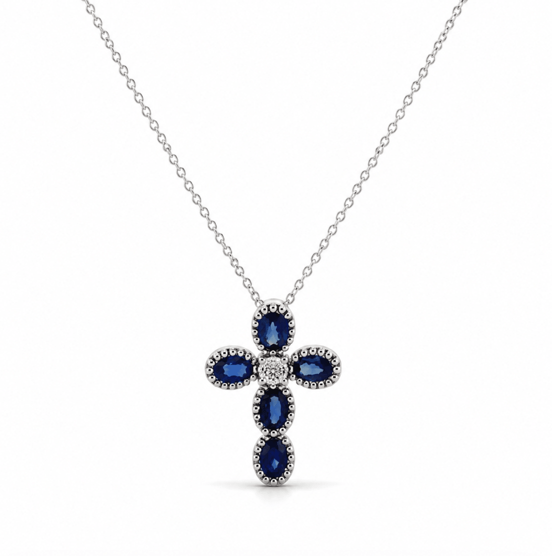 Cable Link Cross Sapphire Pendant in white gold (230-01455)