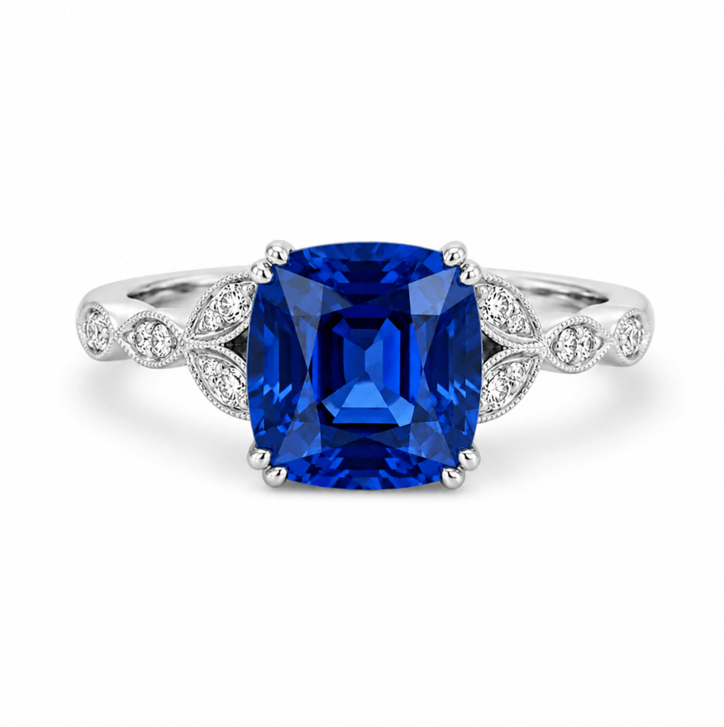 Cushion Blue Sapphire & Diamond Filigree Fashion Ring in White Gold (200-01289)