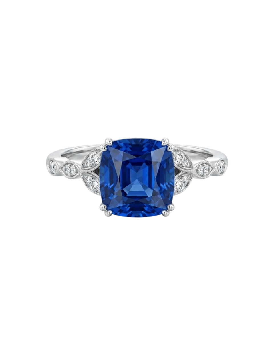Cushion Blue Sapphire & Diamond Filigree Fashion Ring in White Gold (200 - 01289)