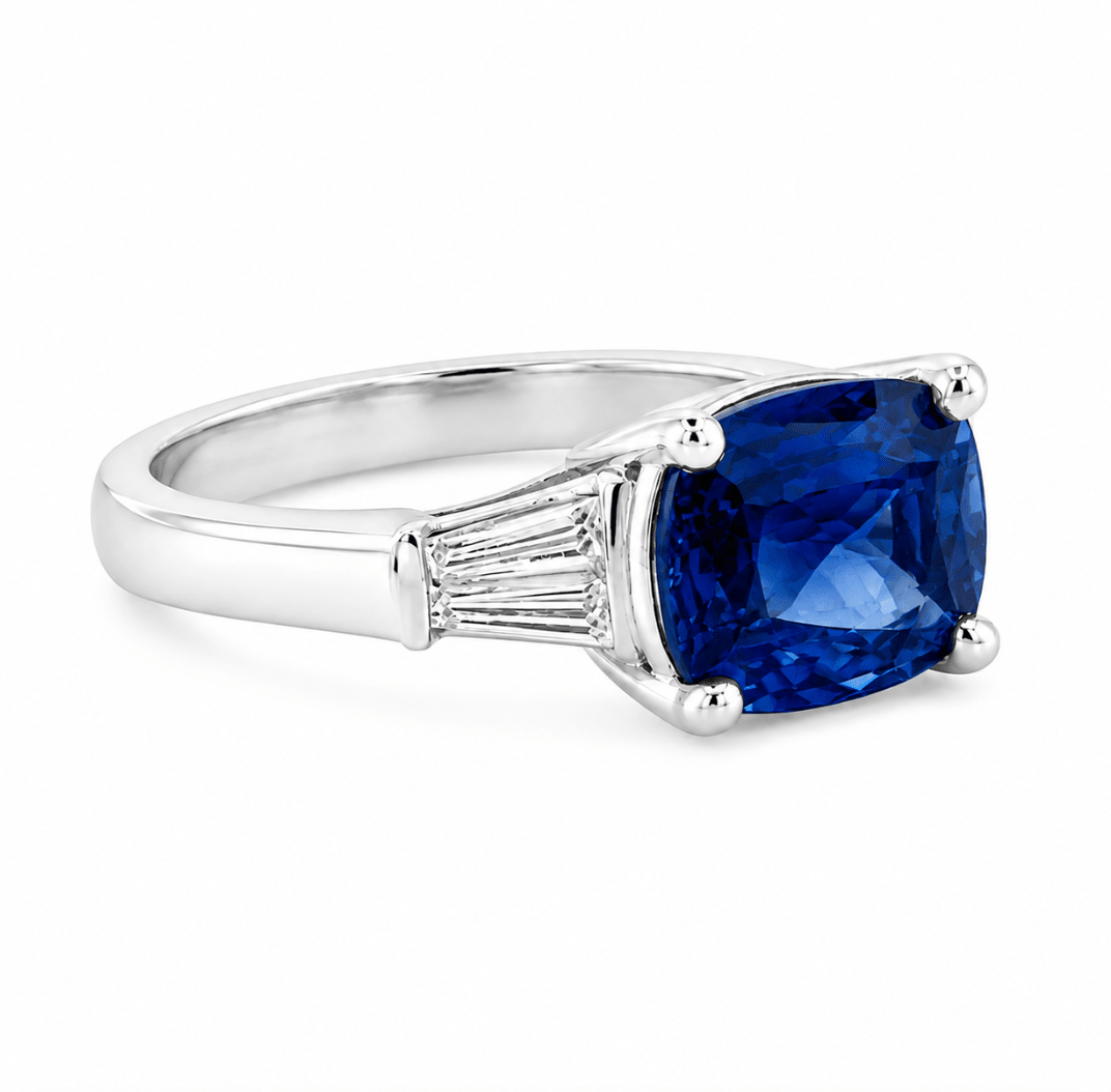 Cushion Sapphire & Baguette Diamond Fashion Ring in White Gold (200-01334)