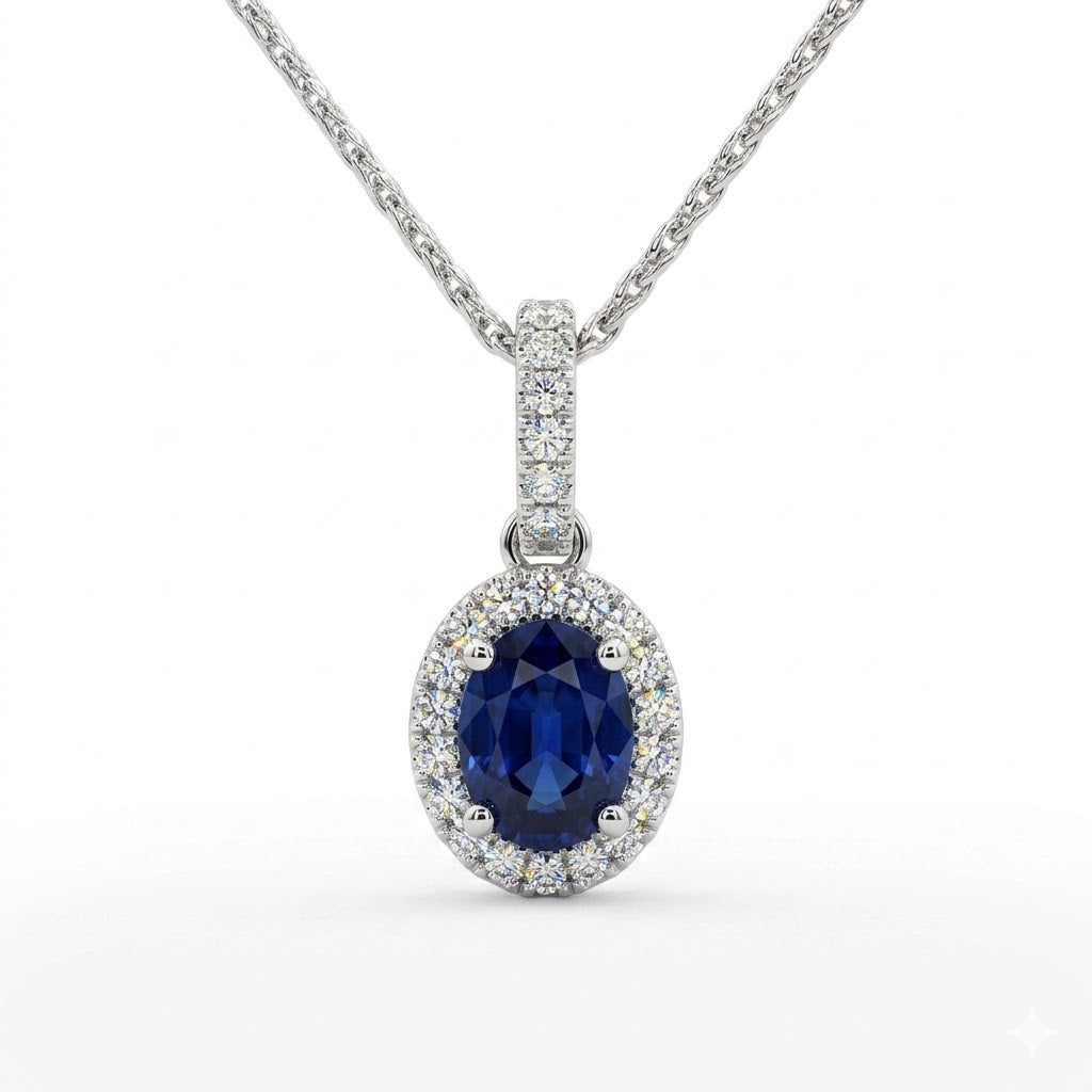 Halo Setting Sapphire Pendant in White Gold (230-01520) - Vardy's Jewelers - Cupertino CA