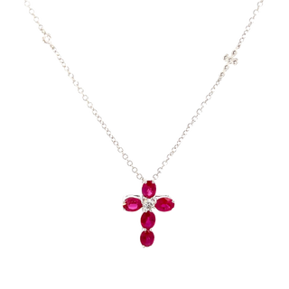 Vardy's Collection Oval Ruby and Round Diamond Cross Pendant Necklace in 14K White Gold (1.70ctw) - My Store