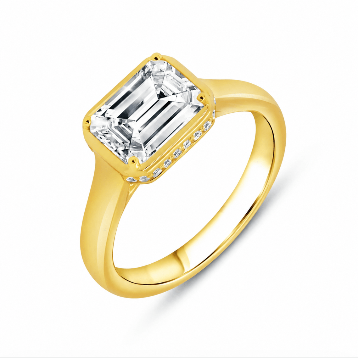 Emerald-Cut East-West Bezel Engagement Ring Setting with Hidden Halo in 14k Yellow Gold (100-00673)