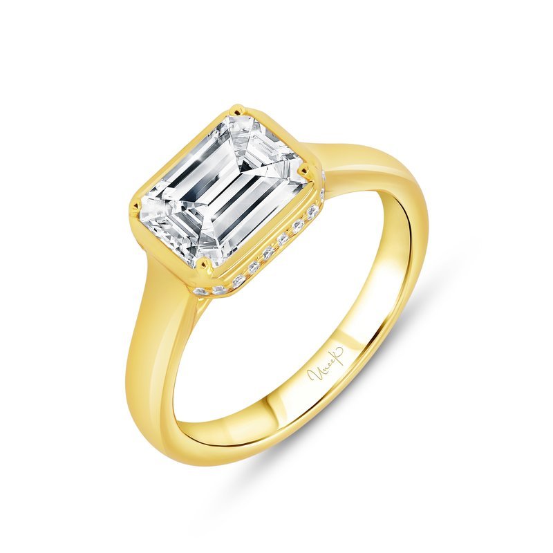 Emerald - Cut East - West Bezel Engagement Ring Setting with Hidden Halo in 14k Yellow Gold (100 - 00673)