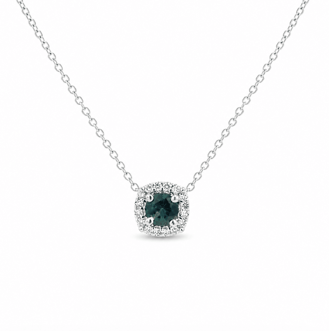 Halo Setting Blue-Green Sapphire Pendant in White Gold (200-01131)