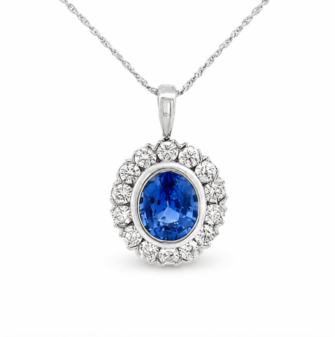 Halo Setting Sapphire Pendant in White Gold (230-01524)