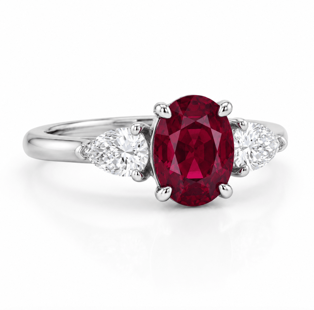 Oval-Cut Ruby & Pear-Cut Diamond Fashion Ring in White Gold (200-01313)