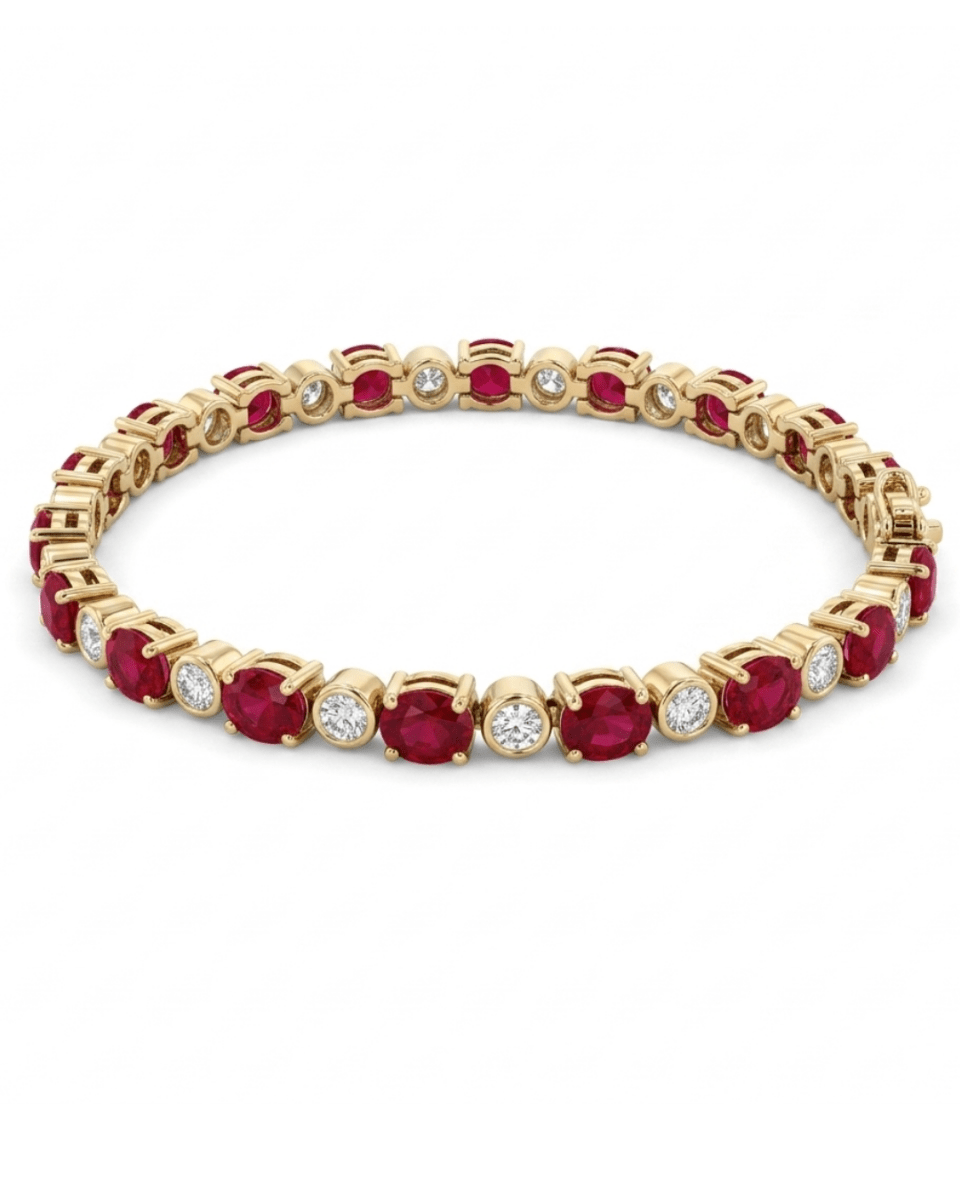 Oval Ruby and Round Diamond Tennis Bracelet in Yellow Gold (240-00196)