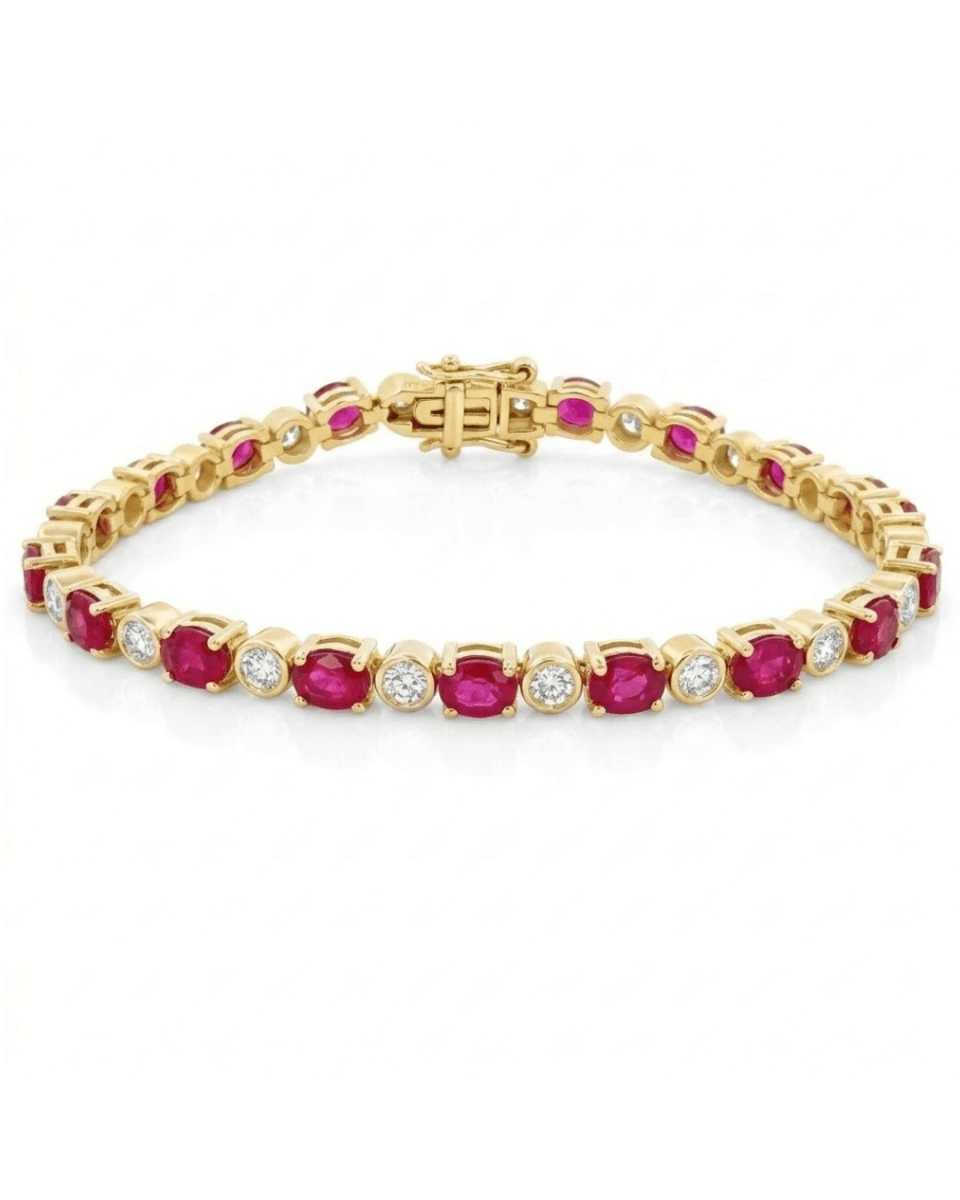 Oval Ruby and Round Diamond Tennis Bracelet in Yellow Gold (240-00196)