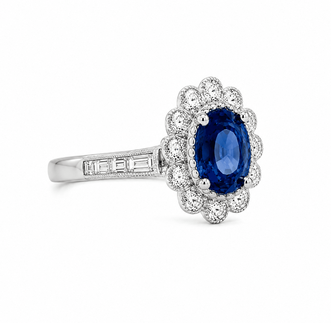 Oval Sapphire & Diamond Halo Fashion Ring in White Gold (200-01252)