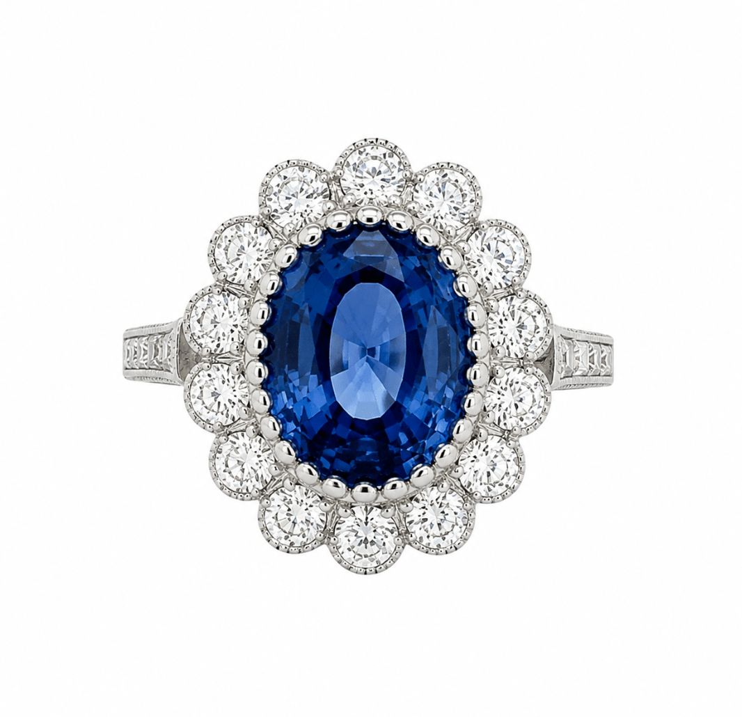 Oval Sapphire & Diamond Halo Fashion Ring in White Gold (200-01252)