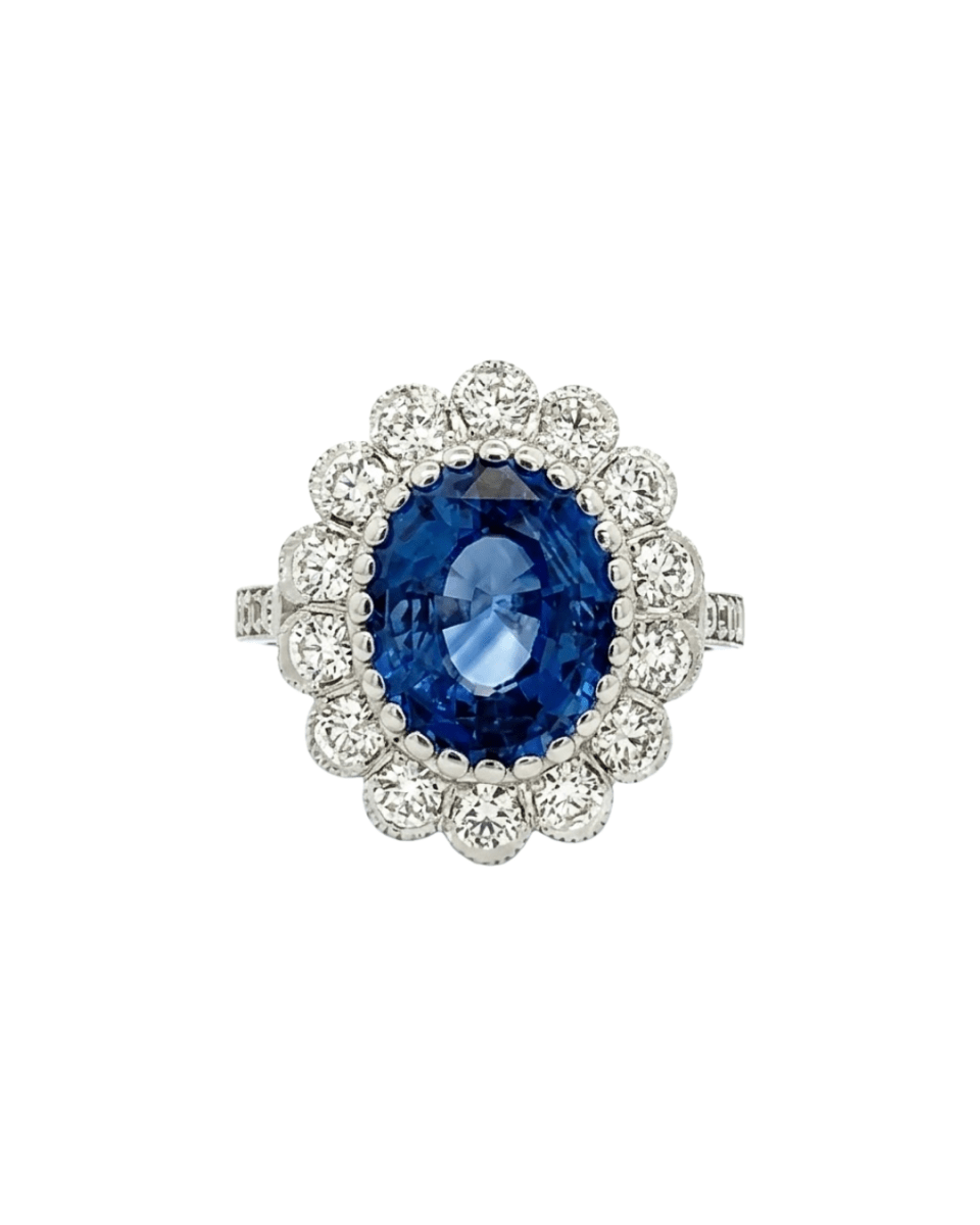 Oval Sapphire & Diamond Halo Fashion Ring in White Gold (200 - 01252)