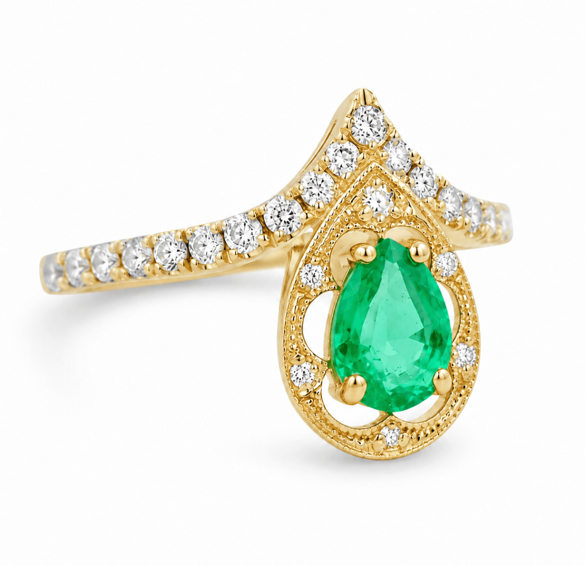 Pear Shape Emerald Yellow Gold Antique Fashion Ring (200-01388)