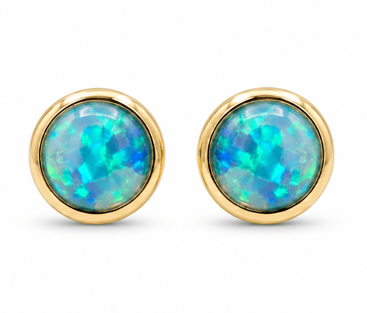 Round Opal Bezel Stud Earrings in Yellow Gold (210-33395)