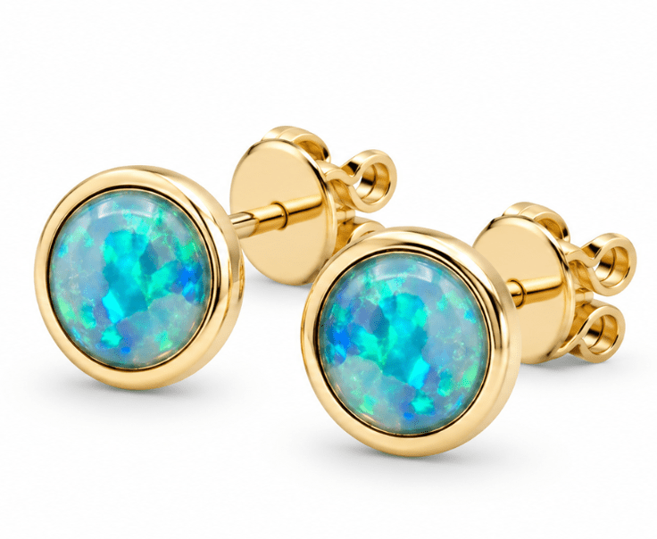 Round Opal Bezel Stud Earrings in Yellow Gold (210-33395)