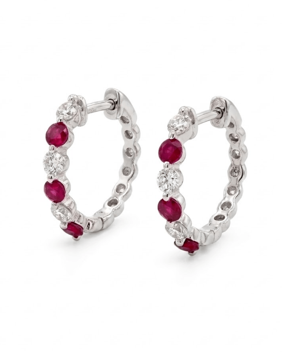 Round Ruby Hoop Earrings in White Gold (210-01572)