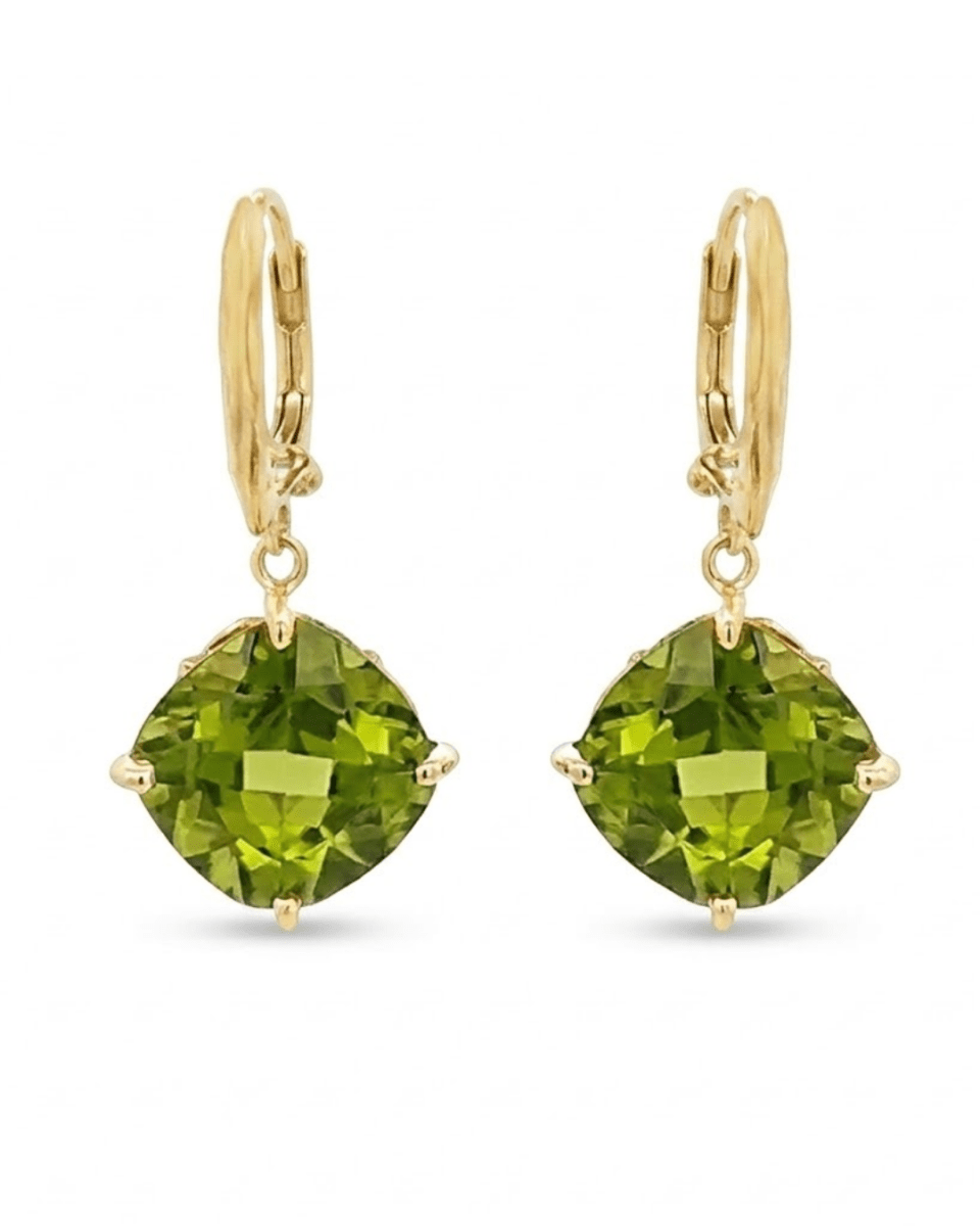 Square Cushion Peridots Dangle Earrings in Yellow Gold (210-01622)