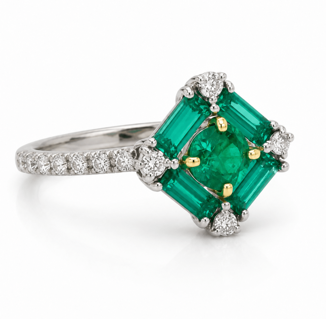 Two Tone Emerald & Diamond Cluster Fashion Ring (200-01154)