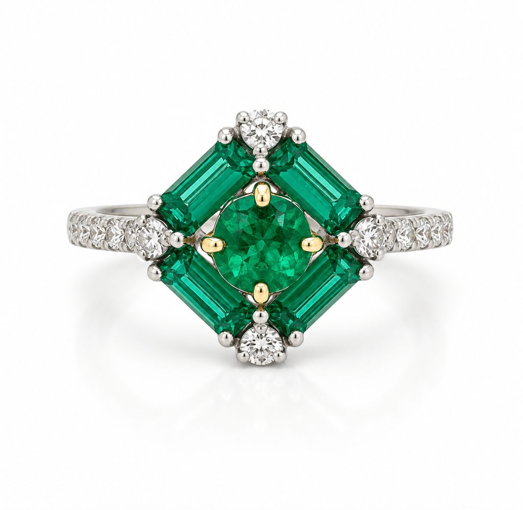 Two Tone Emerald & Diamond Cluster Fashion Ring (200-01154)