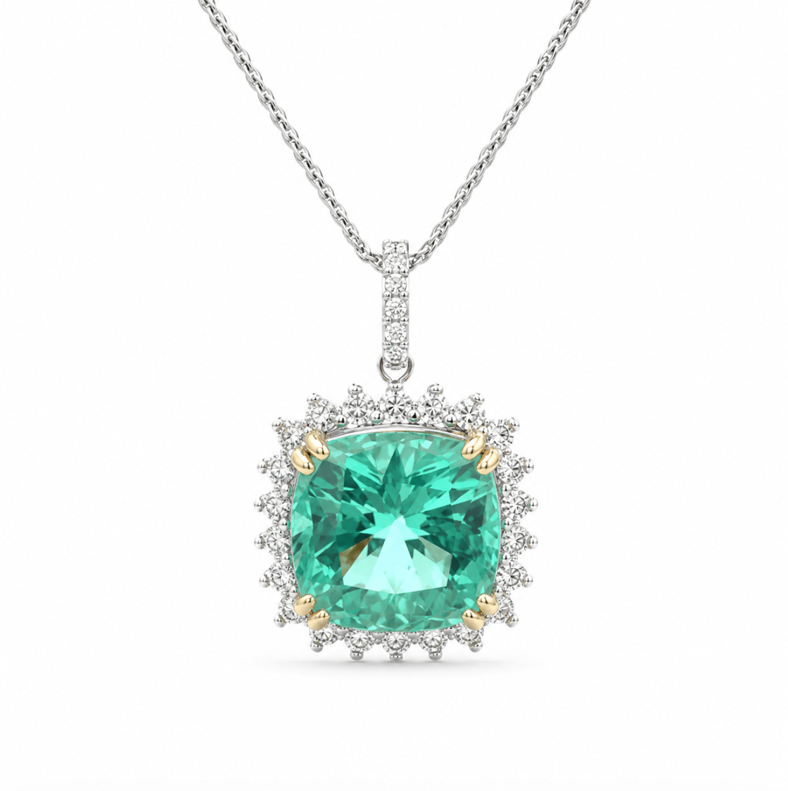 Two Tone Pendant with Cushion Cut Emerald and Diamond Halo in white gold (230-01343)
